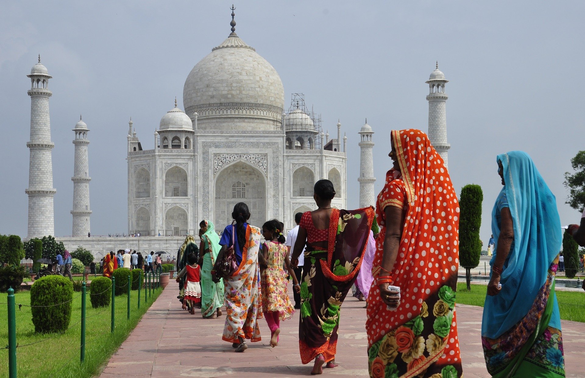 Taj Mahal and people walking